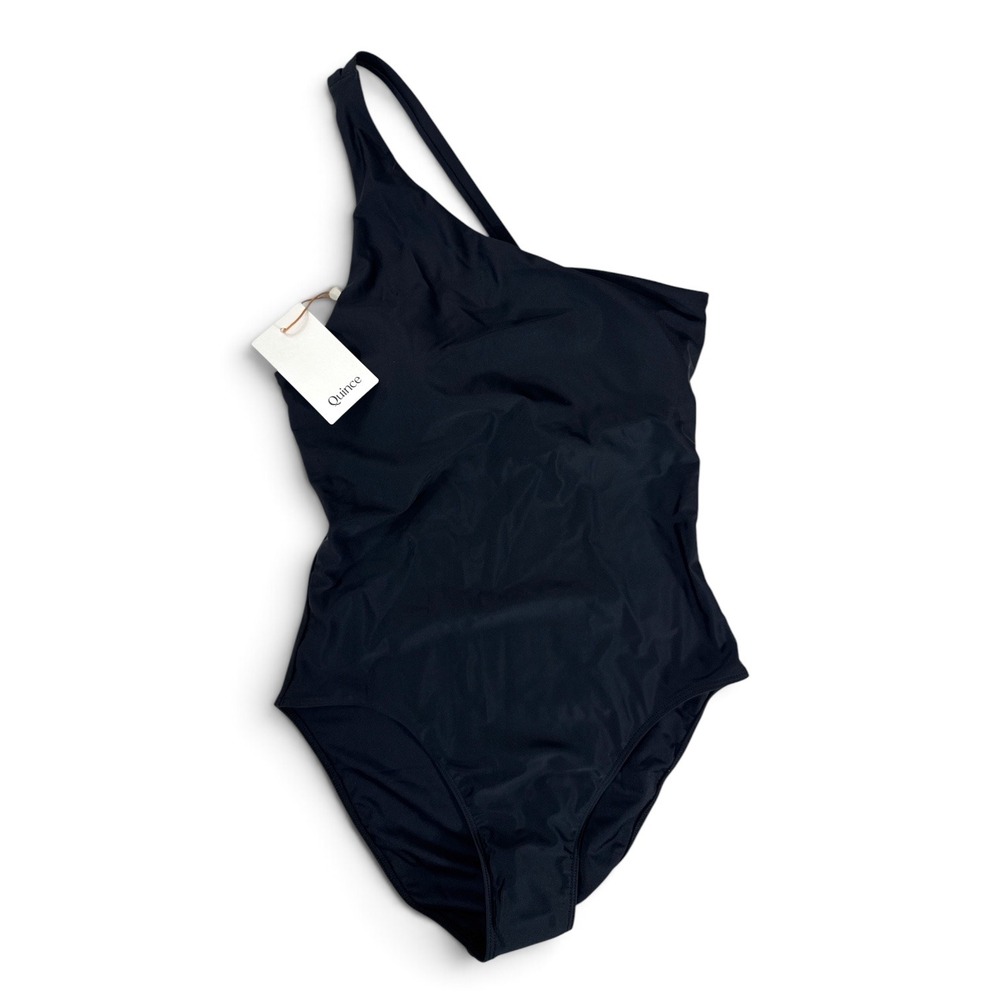 Quince Womens One Shoulder High Cut One Piece Swimsuit Black Medium NWT ATG001